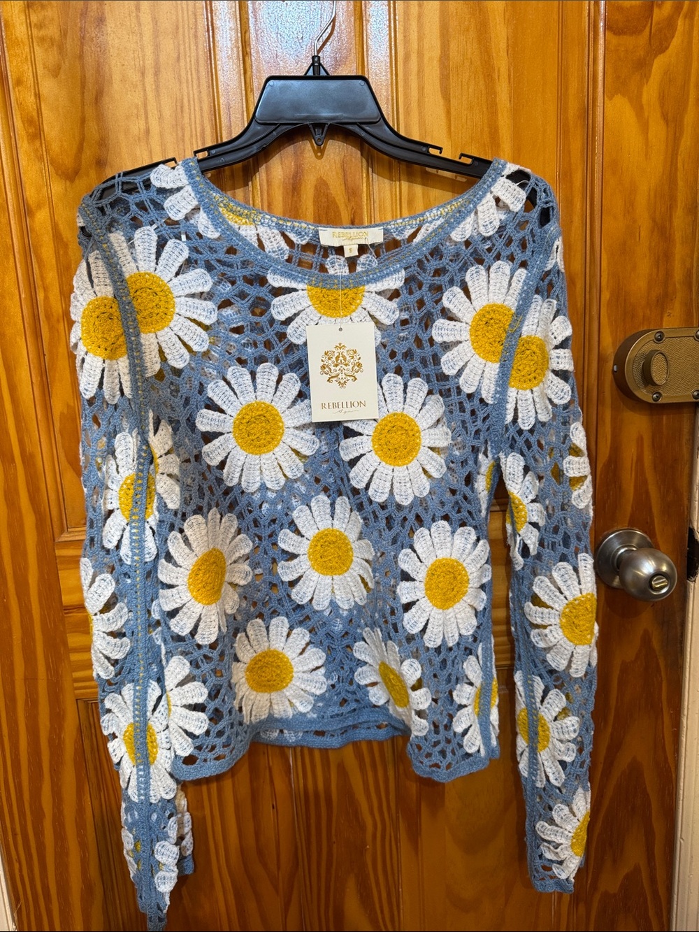 Rebellion Blue Crochet Daisy Pullover with White & Yellow Accents